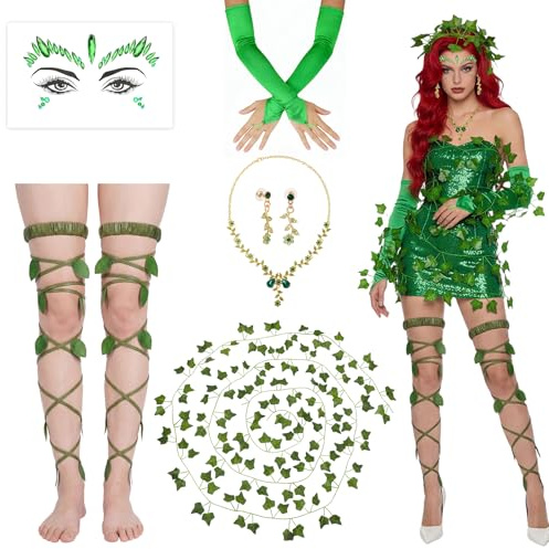6 PCS Halloween Ivy Kostüm Damen, Grüne Ivy Beinstulpen Efeu Girlande Künstlich Handschuhe Gesichtstattoo Glitzer Halskette Ohrringe, Efeu Zubehör Waldfee Kostüm Damen für Karneval Halloween Cosplay