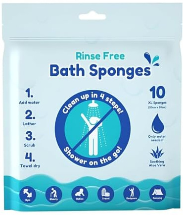 Pack of 10 Rinse Free Bath Sponges with Aloe Vera - No Rinse Shower Sponges for Bed Bath, Travel, Camping & On-The-Go Hygiene, Just Add Water, 20 x 20cm