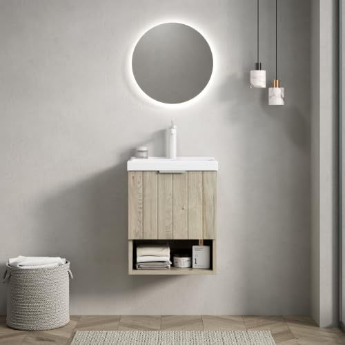 dowowdo Lavabo avec armoire murale 42 cm, bac en céramique blanche, 2 portes et étagère ouverte, amortisseur, pré-monté, chêne crème, pour petite salle de bain et WC d'invités