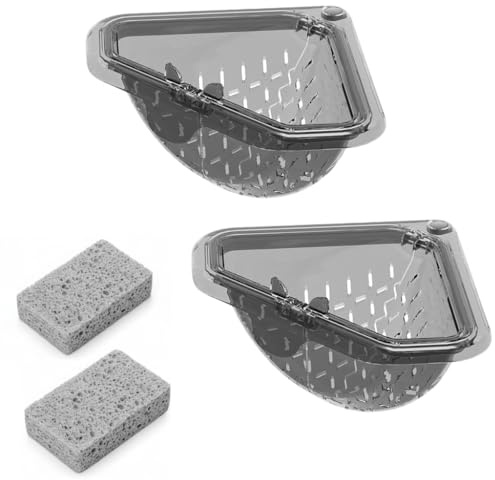Magnetisches Sieb für Spülbecken 2 Stück, Abflusssieb Küchenspüle mit 2 Holzstoffwatte-Schwamm zum Rein, Siebkorb Mit Drehverschluss für Spülbecken, Waschbecken Filterkorb Organizer Küche, Grau