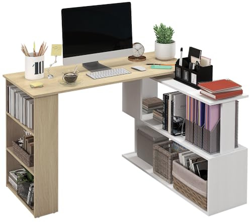 HOMCOM Bureau d'angle Table de Salle à Manger avec Rangement Bureau Informatique modulable bibliothèque intégrée + étagère 3 Niveaux Blanc et Bois Naturel