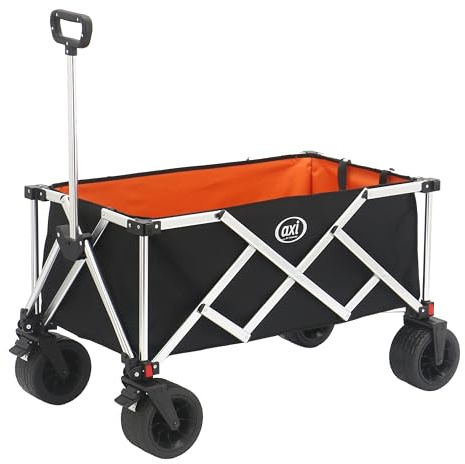 AXI SB151 Faltbarer Bollerwagen in Schwarz & Orange 130 Liter | Handwagen Klappbar mit Zugstange, Gurt, Innentasche & Hülle, PP Gummireifen, aus Aluminium, Maße 102 x 58 x 99 cm