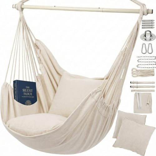 Hängesessel Outdoor Komplettset mit 2 Kissen & Montagezubehör, Hängesessel Outdoor für Balkon, Garten & Indoor, Bequem zum Lesen & Entspannen - Weiß