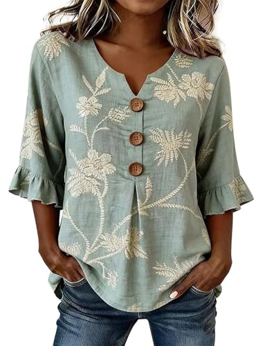 Leinenbluse Sommer Bluse Elegant Tshirt V Ausschnitt Shirt 3/4 Arm Tunika Leinen Shirt Oberteil Modern Blusen Tops Sommerblusen Leicht Und Luftig
