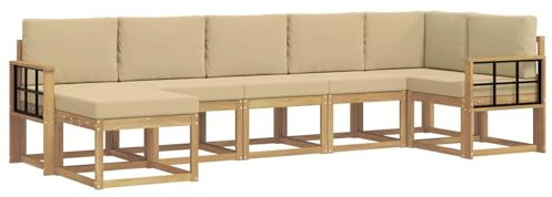 vidaXL Outdoor-Sofagarnitur mit Kissen 7 pcs Weiß und Beige Polyester, Modularer Gartensofa-Set, modernes Outdoor-Sofa, wetterfester Terrassenmöbel, Akazienholz, braunes Sitzen