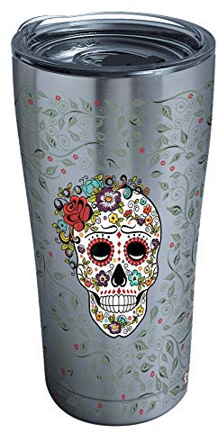 Tervis Dreifachwandiger Fiesta-Thermobecher hält Getränke kalt und heiß, 590 ml – Edelstahl, Totenkopf und Blumen