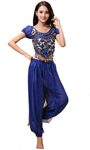 Grouptap Completo da 2 pezzi in costume da danza del ventre a tema indiano di Bollywood per donne con top e pantaloni (150-170cm, 30-60kg) (Blu)