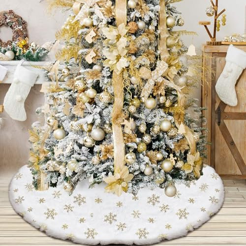 tiosggd Falda de árbol de piel blanca de 48 pulgadas, falda de árbol de piel sintética blanca esponjosa con lentejuelas doradas, decoraciones de Navidad blancas y doradas, alfombra peluda de árbol de
