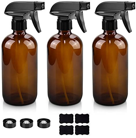 Glass Spray Bottles, 16oz Refillable Containers, Empty Boston Round Bottles with Labels & Adjustable Nozzle for Cleaning, Gardening, Aromatherapy, Pets, Plant, Hair -Amber (3 Pack)