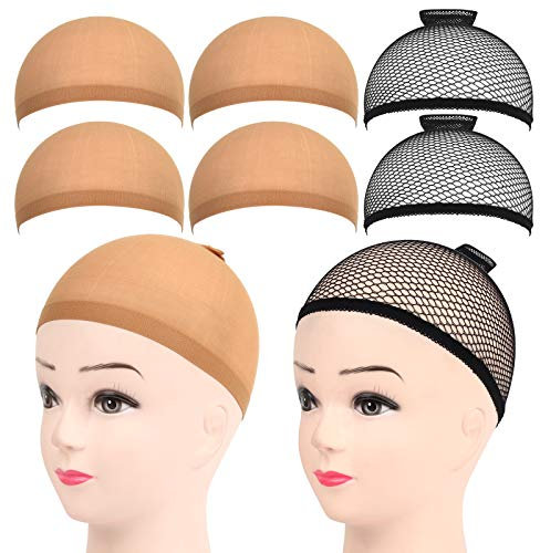 FANDAMEI 6 Pcs Wig Caps, Haarnetz für Perücke Perückenkappe Nylon Perücke Kappen Unterziehhaube Dehnbare Elastische Atmungsaktive Perückennetz, 2 Schwarze Haarnetz und 4 Hellbraune Wig Caps