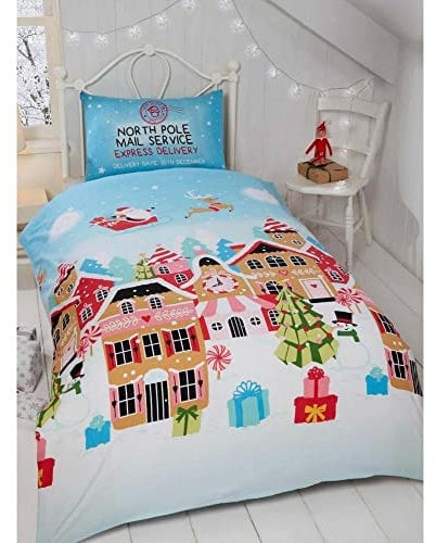 Rapport Gingerbread Town Bettwäsche-Set für Einzelbett, Weihnachtsmotiv, Blau