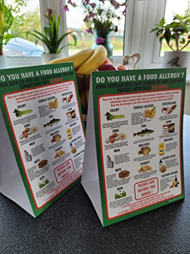 pack of 2 FOOD ALLERGY AWARENESS TABLE SIGN A5 TENT CARD (210mm x 148mm) LAMINATED 350g 14 allergens POSTER The clearest food allergy notice in the food and hygiene posters range. Allergy warning sign