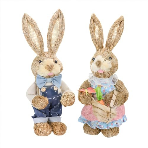 K KUMEED 2 Stück Osterhasen aus Stroh, Osterhase Deko aus Stroh Osterdeko Stroh, Osterhasen Deko Figuren Osterhasen Stroh, Hasen Deko Stroh Hase XXL Strohfiguren für Ostern