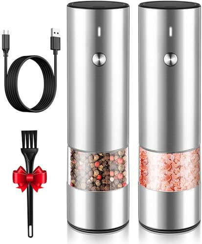 Electric Salt and Pepper Grinder Set - USB Rechargeable - Durable Modern Style - Automatic Black Peppercorn & Sea Salt Spice Mill Set with Adjustable Coarseness & LED Light Refillable