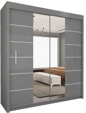 UK SLIDING WARDROBE Modern 2&3 Mirror Sliding Doors Wardrobe With Adjustable Shelves, Hanging Rails,Bedroom Furniture Matt Finish (Grey, 203cm)