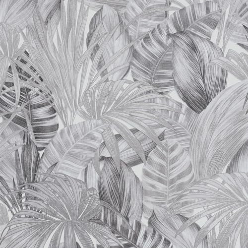 Profhome Palm Trees Wallpaper 368203-GU Non-Woven Wallpaper Black Grey White 0.53 m x 10.05 m / 5.33 sqm