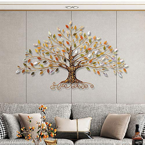 Décoration Murale en métal, Arbre de Vie avec des Feuilles d'or/Vert/Cristal décoration Murale Art en métal, pour intérieur extérieur Maison Chambre Salon,30 W x 18 H(77x45cm)