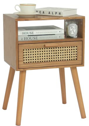 MaxSmeo Rattan Nachttisch mit Schublade, Kleiner Nachttisch aus Rattan, moderner Beistelltisch aus der Mitte des Jahrhunderts für Wohnzimmer und kleine Räume, Braun