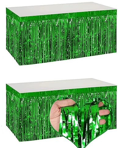 2 Packungen 2.4 mx6.1 m Folienfransen Tischrock Girlande Metallic Lametta Hintergrund Banner für rechteckige Tische, Hotel, Bankett, Parade, Schwimmer, Karneval, Geburtstag, Dekoration, Grün