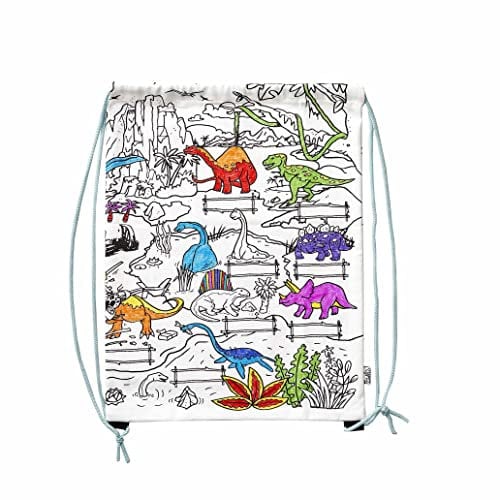 eatsleepdoodle Dinosaurier-Rucksack zum Ausmalen, waschbar und wiederverwendbar, mit 10 auswaschbaren Stiften, 34x45cm, 100% Baumwolle