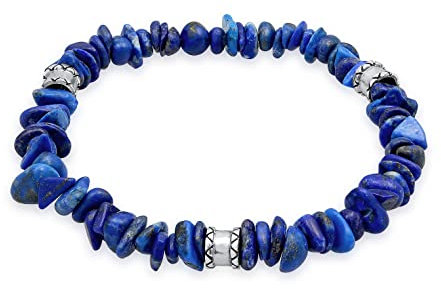 Kuzzoi Buddha Herren Armband aus Lapis Lazuli Edelstein Splitter und Beads aus 925 Sterling Silber, Steinarmband für den Herren, Lapis Edelstein Stretch Armband, Länge 19 cm