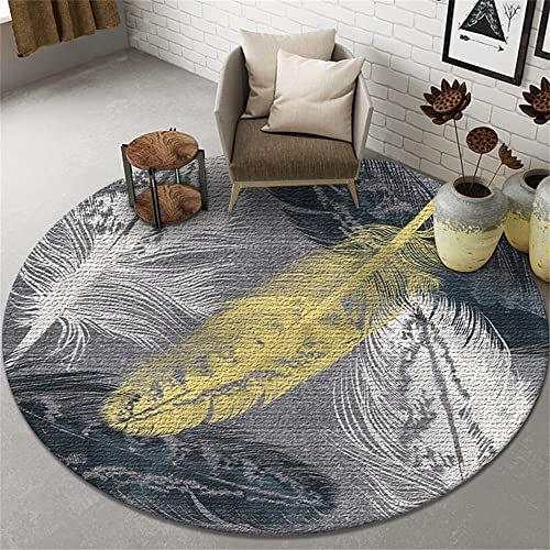 Highdi Teppich Rund Modern rutschfest Waschbar Schlafzimmer Teppiche, Innenbereich Abstraktes Morandi Runder Teppich fürs Wohnzimmer, Flur, Kinderzimmer, Büro (120cm,Gelbe Feder)