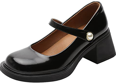 rismart Scarpe Mary Jane Donna con Tacco Grosso Piattaforma Punta Quadra Strappo Elegante Pompe Nero,39