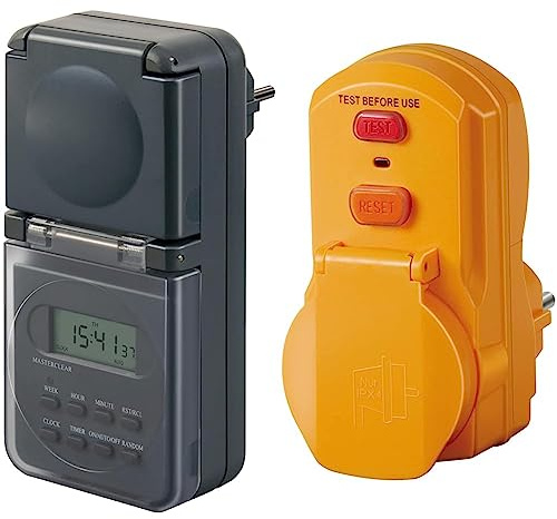 Brennenstuhl Digitale Wochenzeitschaltuhr IP44, Digitale Timer-Steckdose & Personenschutz-Adapter BDI-A 2 30 IP54 / Personenschutzstecker für außen