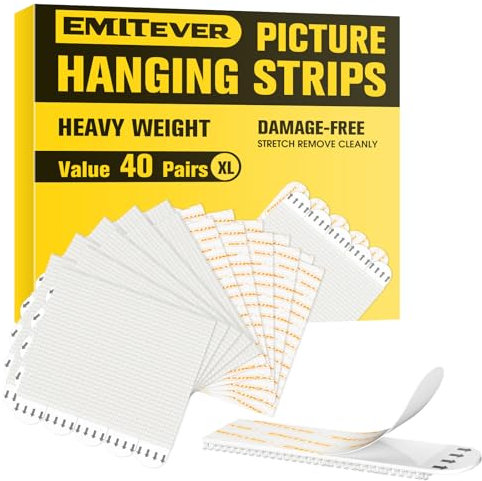 Emitever Picture Hanging Strips 40 Pairs (80 Strips, XL) Holds Up to 6.8 kg, Wall Stickers for Picture Hanging, No Nails Damage-Free Frame Poster Hangers for Frames Signs Home Decor White