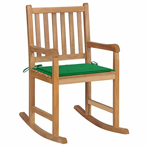 BaraSh Schaukelstuhl mit Grünem Kissen Massivholz Teak Schwingsessel Lesesessel Bequem