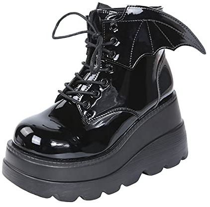 Goth Dark Bat Wing Ankle Boots for Women UK Chunky Sassy Wedge Platform Boot Round Toe Lace up High Heel Women Boot Punk Rave Low-Barrel Patent Leather Shiny Black