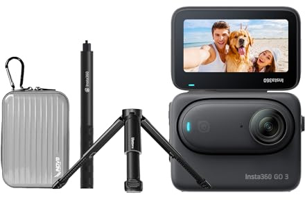 Insta360 GO 3 Black 64GB Premium Kit - The Tiny Mighty 2.7K Waterproof (5M) Action Camera with Action Pod and Flip Screen. Inc Invisible Selfie Stick, Extendable Desktop Tripod & Aluminum Camera Case