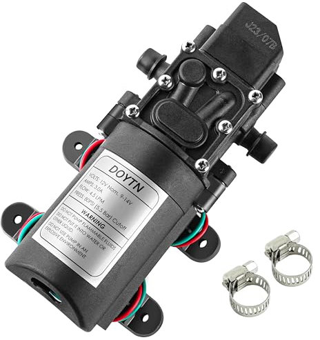 Doytn Bomba de agua dulce de 12 V CC con 2 abrazaderas de manguera, bomba de diafragma de 12 voltios, bomba pulverizadora autocebante con interruptor de presión de 4,5 L/min 1,2 GPM 80 PSI ajustable
