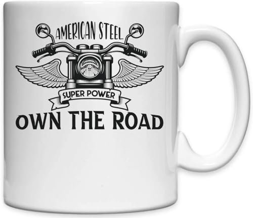 Atspauda American Steel Super Power Own The Road Motorcycle Angerl Wings White Ceramic Mug White