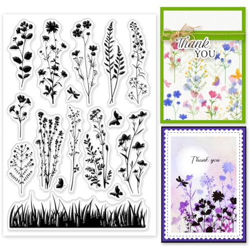 GLOBLELAND Klarer Stempel Mit Wildblumenwiese Silhouette Vintage Blumen Pflanzen Transparente Gummistempel Silikonstempel Für DIY Scrapbooking Fotoalbum 6.33x4.3 Zoll