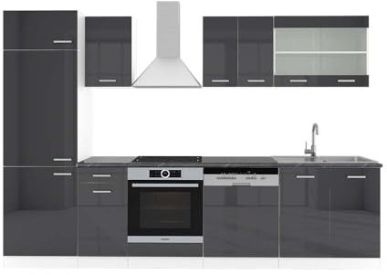 Vicco Küchenzeile R-Line, Anthrazit Hochglanz/Weiß, 300 cm, AP Anthrazit