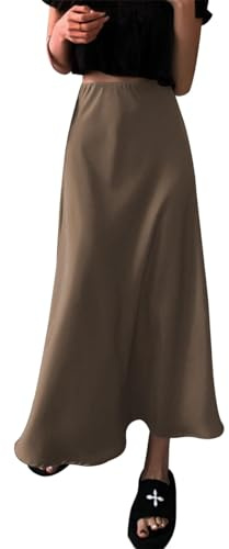 Women Satin Silk Skirt A Line Elastic High Waist Ruffle Long Maxi Skirt Solid Color Mermaid Skirt Formal Evening Party Skirts Coffee XL