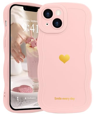 LAPOPNUT Coque Compatible avec iPhone 14(6.1pouces) Femme Aesthetic Sweet Heart Pattern Housse de Protection en Silicone Vagues Bouclées Case pour iPhone 14(6.1pouces) Rose