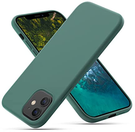 CALOOP Liquid Silicone Case Designed for iPhone 12 Mini Case 5.4 inch, Full Body Protective Covered Silky-Soft Anti-Scratch Gel Rubber Slim Shockproof Cover with Microfiber Lining, Pine Green