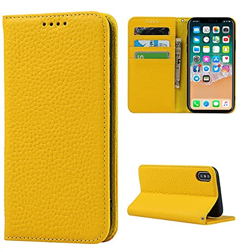 CAVOR Handyhülle kompatibel mit iPhone X/XS Hülle,Flip Echtleder Geldbörse Handyhülle,[4 Kartenfächer][Magnetisch][Mit Lanyard] Klapphülle Handytasche - Gelb