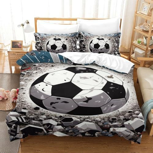 HSTDVBALE Fußball 3D Gedruckt Bettwäsche 3 Teilig Bettbezug Set Mit Kissenbezügen Soft Microfaser Luxus Modern Mit Reißverschluss Für Erwachsene Und Kinder Single(140x200cm)
