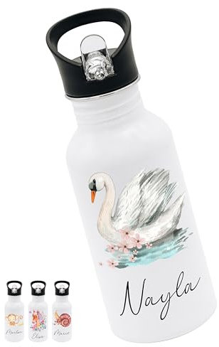 Bärenfreunde® - Personalisierte Trinkflasche Kinder Edelstahl [ 500ml ] - Robuste Trinkflasche mit Namen - Wasserflasche mit Trinkhalm - Personalisierte Geschenke für Kinder (Schwan)