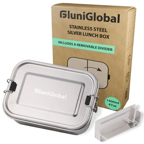 FLUNIGLOBAL Stainless Steel Bento Box I 1400ml I 2 Compartments & Removable Divider I Eco-Friendly Metal Lunch Box for Adults I Leak-Proof Food Container for Meal Prep & Storage I Silver