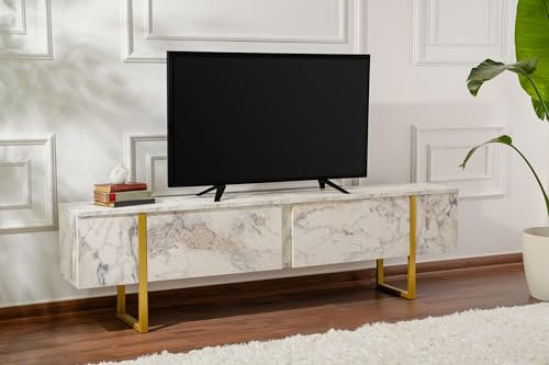 Stylish and Sturdy TV Stand, Freesia Marble, Gold, 180 x 45 x 30 | 100% Melamine Coated Particle Board, Thickness:18 mm | Perfect for Modern Home Office & Study Spaces, Elegant and Functional Design