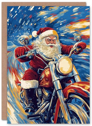 Biker Santa Claus on Motorcycle Fun Bold Blank For Him Or Her Art Xmas Festive Christmas Card