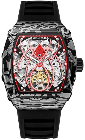 MUSANFIGO Weinfass geformte Outdoor Stil Männer vollautomatische mechanische Uhr mit ausgehöhltem Silikonband Männer Nachtlicht wasserdichte Mode Trenduhr 6039B (Schwarz und Rot)