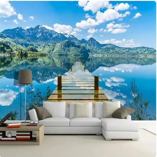 kfjhgbdshhj Mural de Pared con diseño de Cielo Azul y Nubes Blancas, Puente de Madera, Lago y Agua, Pintura artística 3D, 430 x 300 cm