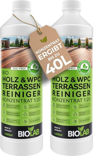 BIOLAB Holz & WPC Terrassen Reiniger Konzentrat 1:20 (2 x 1 Liter) Terrassenreiniger, Holzreiniger, WPC-Reinigungsmittel für den Boden der Terrasse oder Balkon