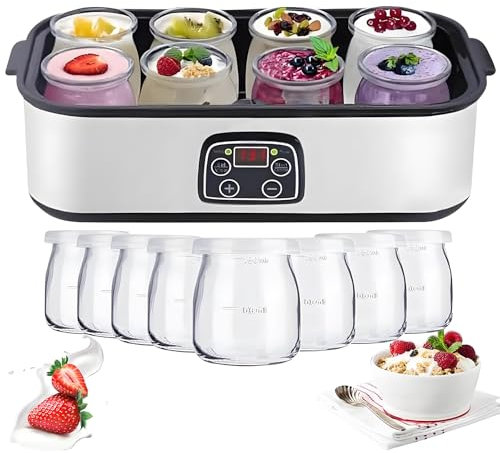 Yaourtière électrique 1400 ml avec 8 pots, affichage LED, minuterie, multifonction, nettoyage facile, yaourtière automatique pour yaourt frais et fromage maison