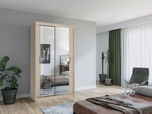Krudox LUX Sonoma Schiebetürenschrank Kleiderschrank 100x216x62 cm mit Spiegel - Schlafzimmermöbel, Aufbewahrung – Mehrzweckschrank mit 2 Kleiderstangen